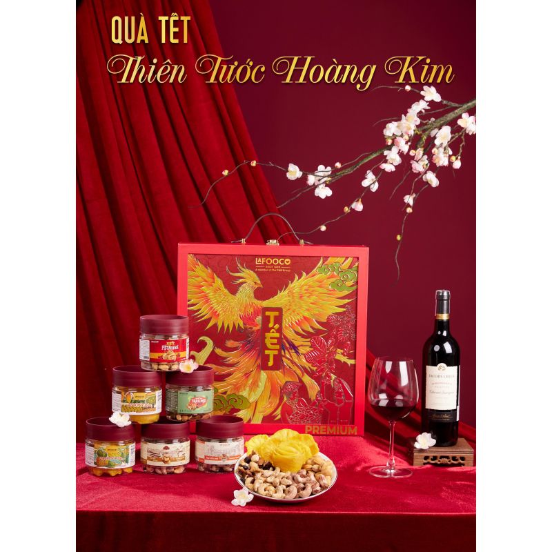 HỘP QUÀ TẾT PREMIUM - THIÊN TƯỚC HOÀNG KIM - (Hộp có chai rượu)